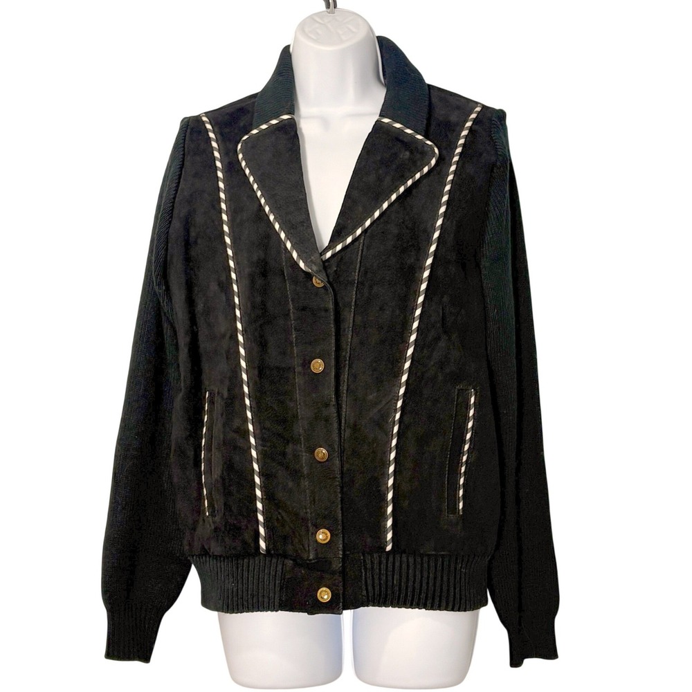 Vintage Womens Black Suede Jacket M Mixed Media Western Equestrian 80s Retro
